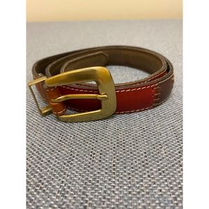 Fossil woman leather belt, patch work, multi colored exposed stitching, size 34